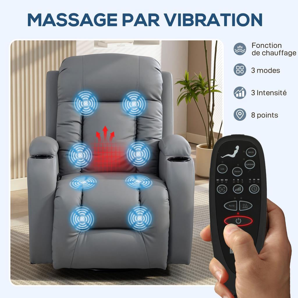 Reclining Massage and Heating Chair, Adjustable Backrest, Swivel, 82 x 99 x 103 cm, Light Gray