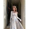 Blue oil painting long dress seaside vacation beach dress floral suspender dress women's spring high-end women's clothing