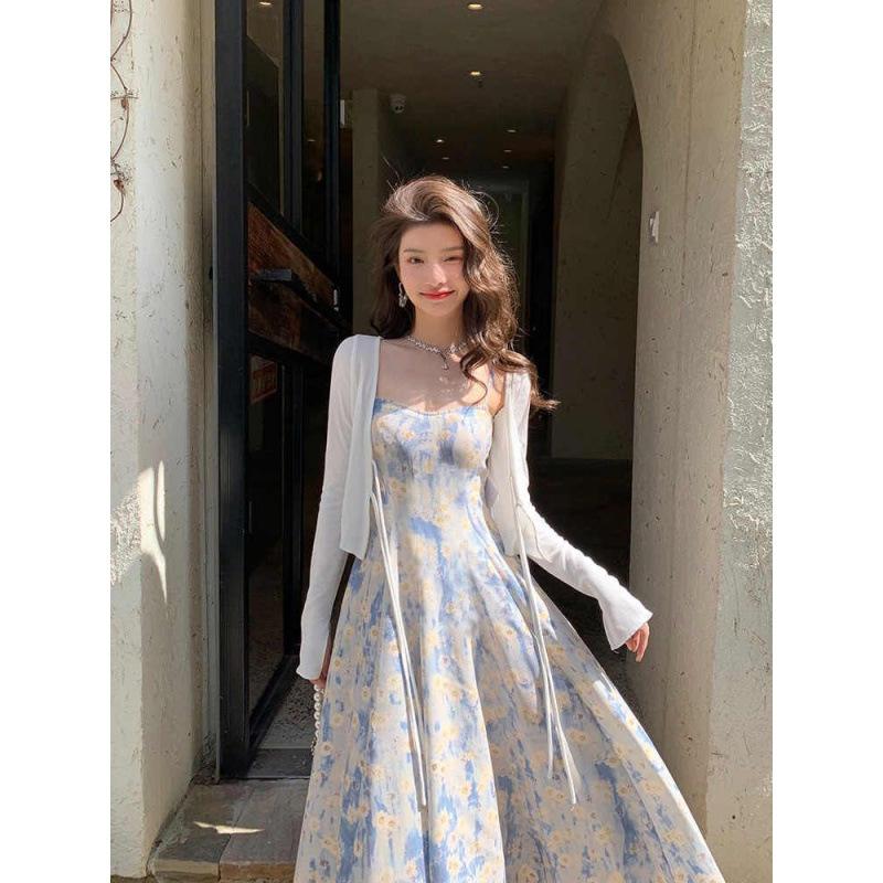 Blue oil painting long dress seaside vacation beach dress floral suspender dress women's spring high-end women's clothing