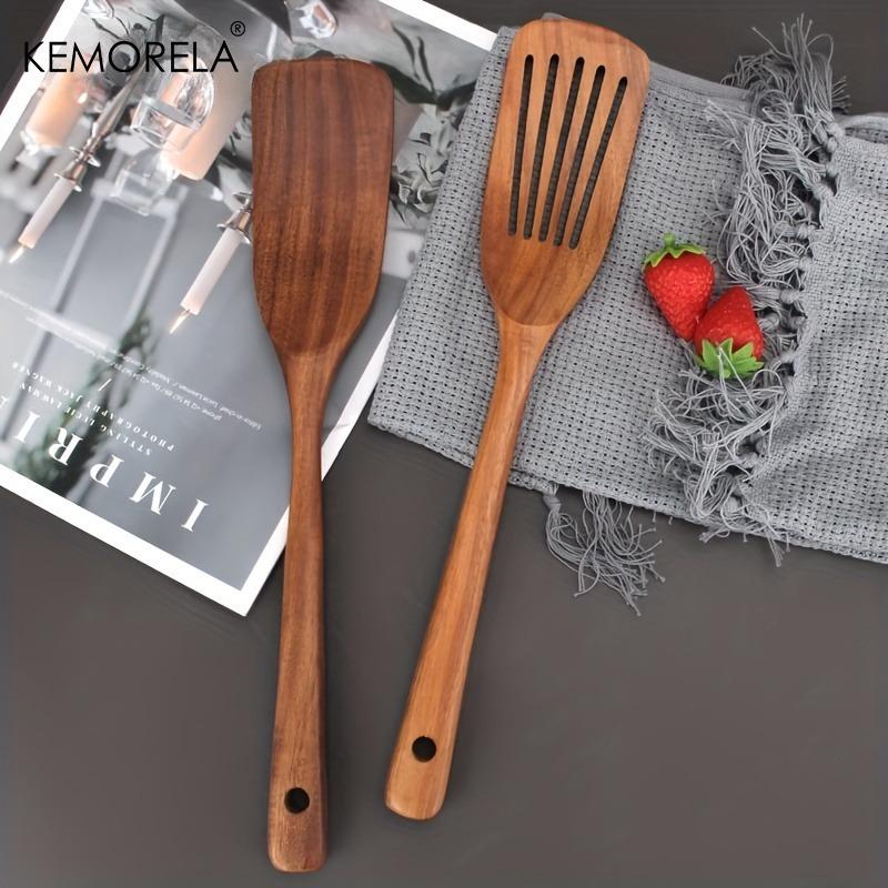 Acacia Wood Spatula Set - Non-Stick, Food-Safe Kitchen Utensils for Cooking, Mixing, Frying, Flipping - Durable Wooden Slotted