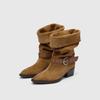 Cowhide version White Deer leather thick heel medium boots retro belt buckle pointed western cowboy boots knight boots