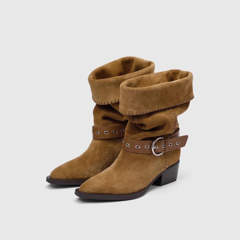 Cowhide version White Deer leather thick heel medium boots retro belt buckle pointed western cowboy boots knight boots