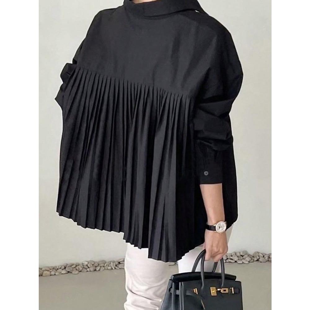 Dámská košile s klasickým límcem a dlouhým rukávem, oversized střih, jednobarevná, plisovaná, asymetrický lem, nadměrná velikost, ležérní, kancelářská halenka
