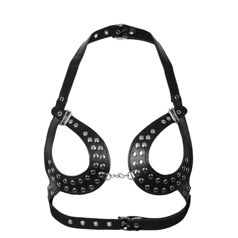 Damen PU-Leder Open Cup Verstellbarer Wetlook Sexy Body Harness BH Gürtel mit Schnallen und Nieten
