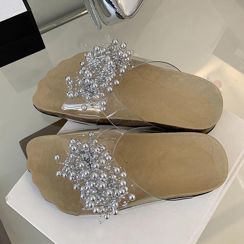 

Модные Liyke 2025 Новые зеленые жемчужные дизайнерские шлепанцы женские прозрачные тапочки удобные с широким открытым носком на низком каблуке пляжная обувь гладиаторские сандалии 35 серебряный