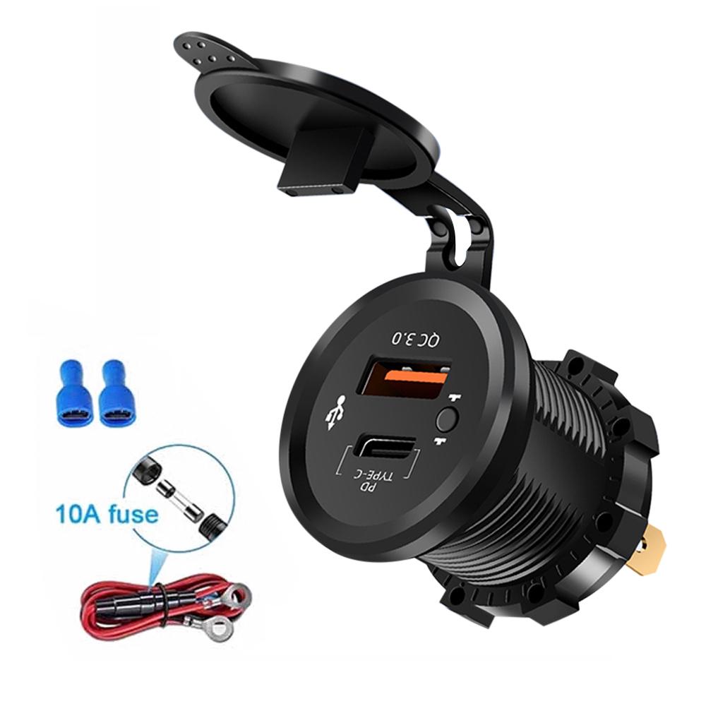 Dual USB Ports Outlet 12/24V with Button Switch 40W QC3.0 & PD3.0 USB-C Car Charger Socket for RV Motorcycle Marine Truck