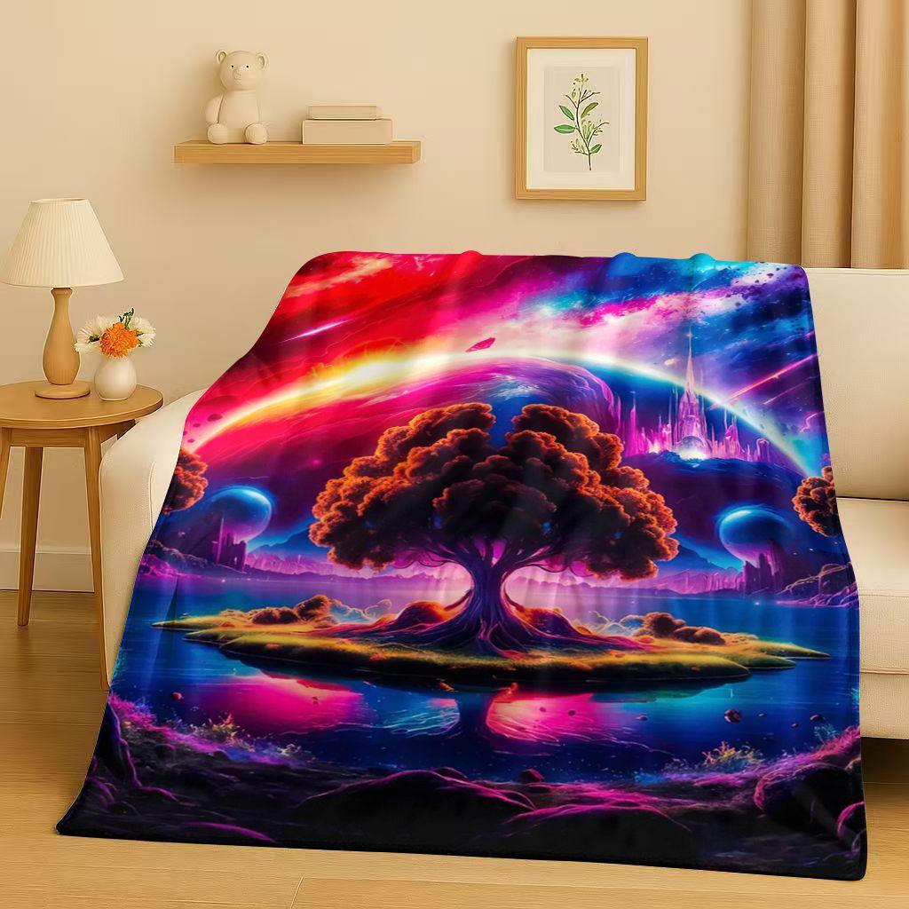Retro Kleurrijke Levensboom Yggdrasil Keltisch Runen Flanellen Deken, Ultra Zachte Pluche Plaid voor Huis Slaapkamer Bed Bank Cover Kinderen