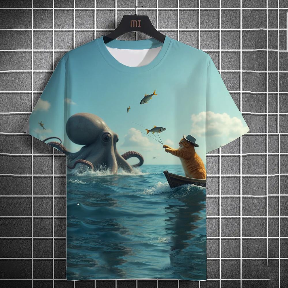 Camiseta Masculina Estampada 3D Praia Gato Pescando Camiseta de Manga Curta Estampada Diária Casual Gola Redonda Poliéster