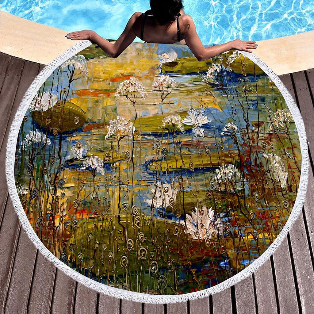 Landscape Art Oil Painting Round Beach Blanket Water Absorbent And Quick Drying Polyester Beach Towel Pool Towel Picnic Blanket