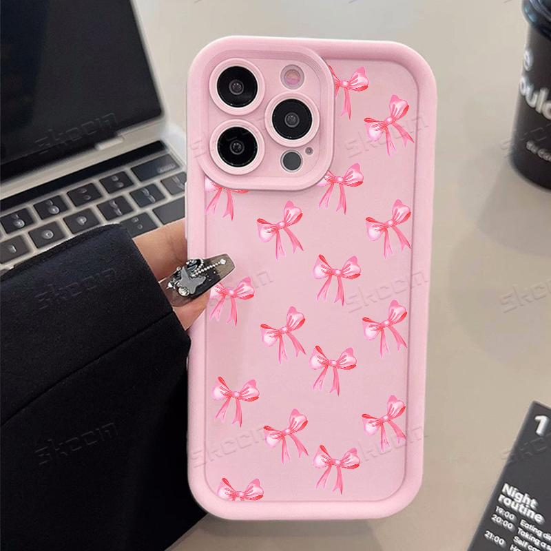 Simple Pink Cherry Bow Pattern Phone Case For iPhone 17 16 15 14 13 12 11 Pro Max 17 Air 16E X XR XS 7 8 Plus Shockproof Cover