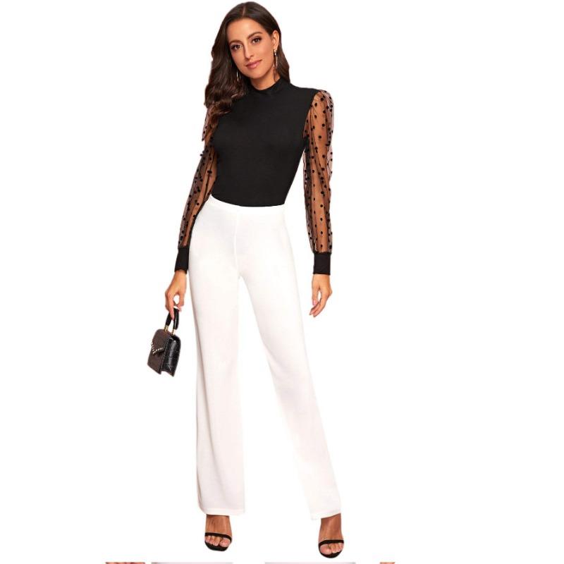 Top da donna in pizzo elasticizzato ampio trasparente a pois a maniche lunghe