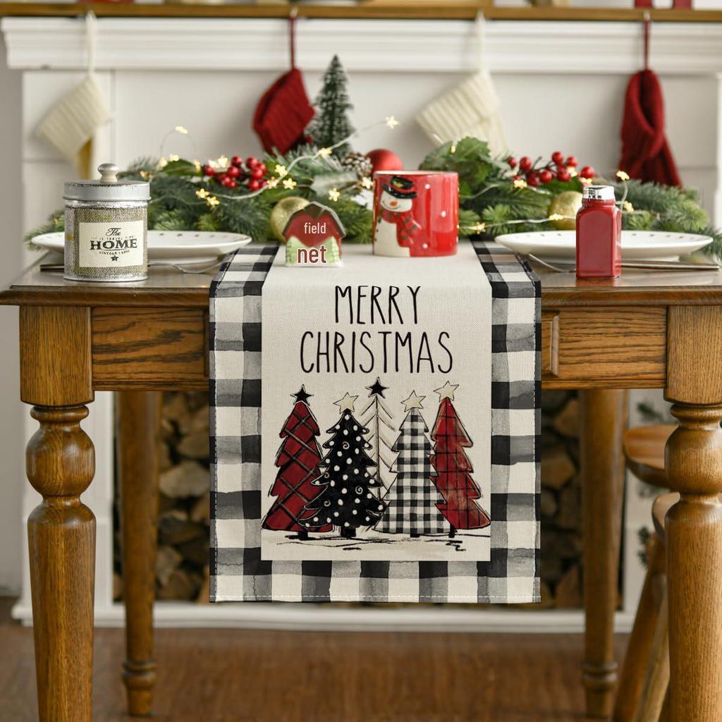Cross-Border Christmas Linen-Textured Table Runner - Long Rectangular Holiday Dining Decoration