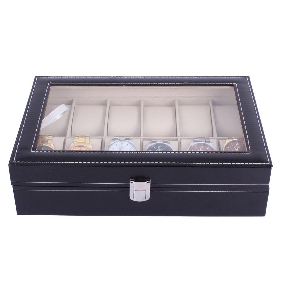 12 rom Skinnklokkeboks Utstillingsveske Holder Svart Oppbevaringsboks Glass Smykkeorganisator for Menn og Kvinner Beste Gaveeske