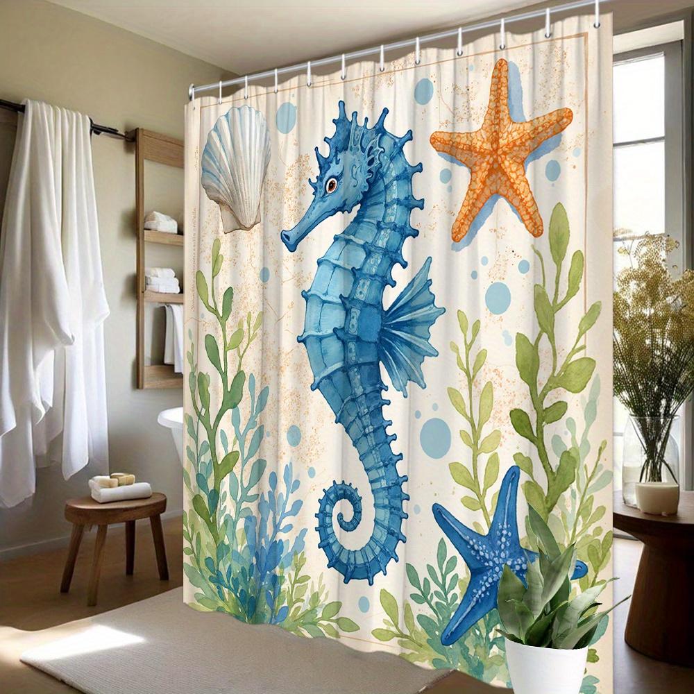 Watercolor Blue Seahorse Starfish Seashell Seaweed Ocean Print Shower Curtain Waterproof Mildew Resistant Polyester Fabric With