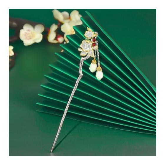 Miaomyao Hairpin, Single Stick Hair Accessory for Kimono/Yukata, Pearl Jade, Silver, "Golden Branches and Jade Leaves" Design, Elegant & Auspicious