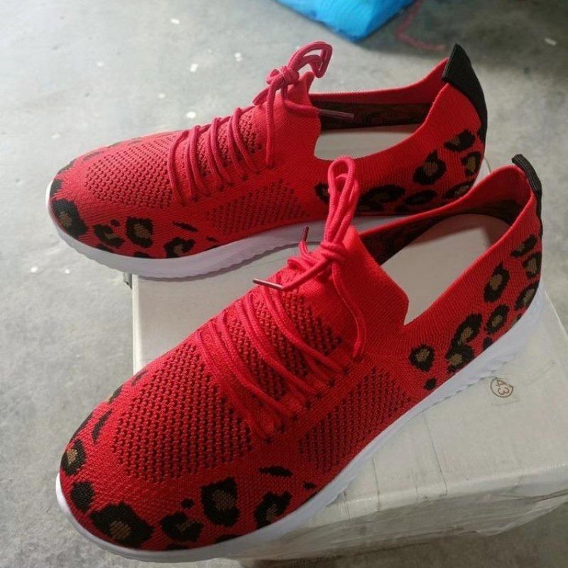 Flying Woven Women's Shoes Spring New Leopard Print Flying Woven Flat-bottomed Mesh Breathable Casual Sports Shoes Women