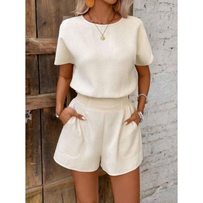 Solid Color Round Neck Top and Shortset Pure Color Crew Neck Tops Shorts Suit