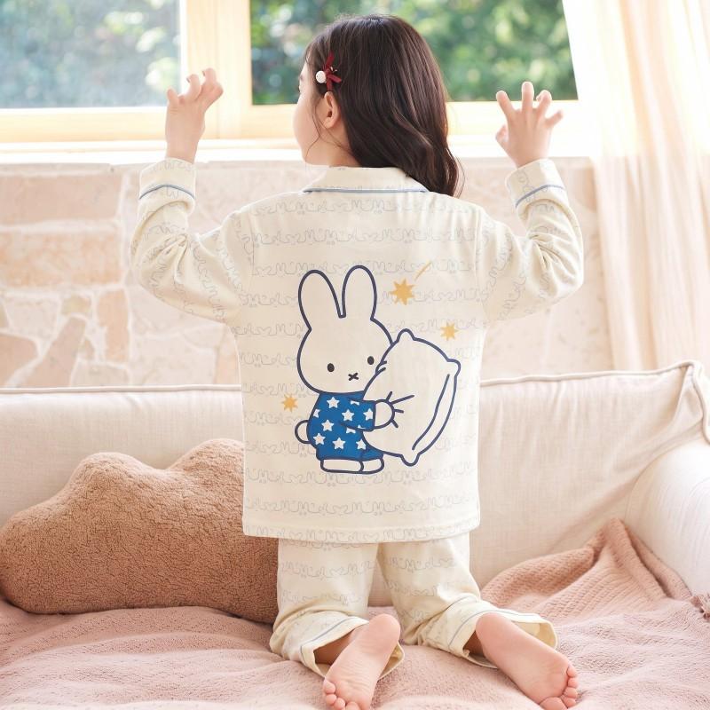 100% Cotton Girls Pajama Set Long Sleeve Cartoon Print Sleepwear Open Front Robe Style Fall