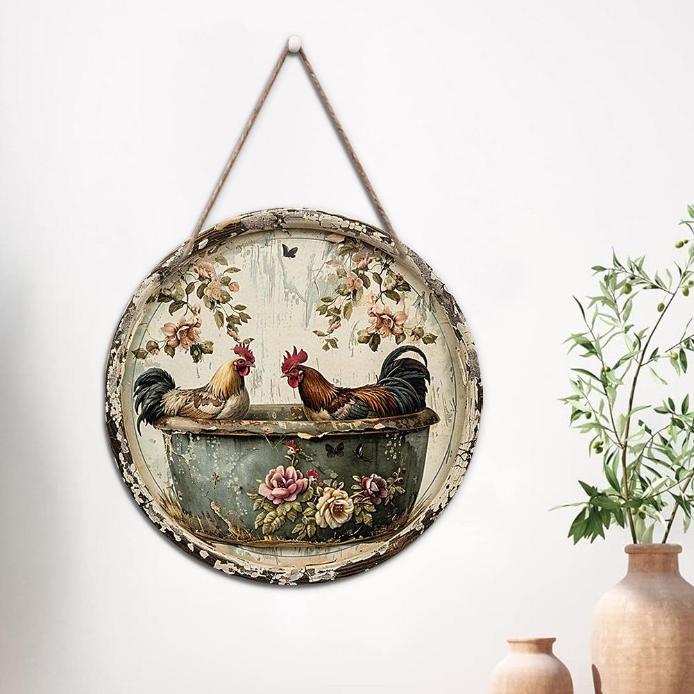 Panneau Décor Mural Poulet Rétro Vieilli en Stock