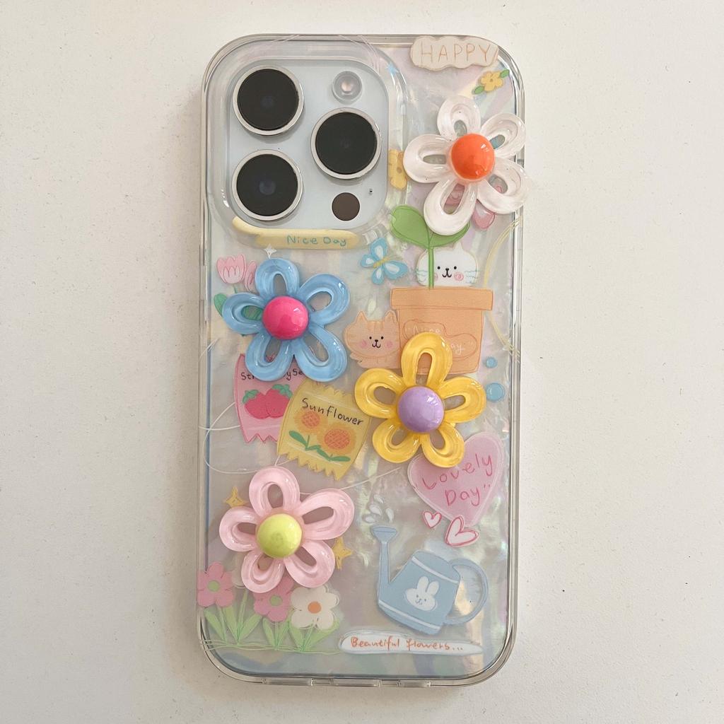 Ins 3D Relif Blume Katze süße Cartoon Schmetterling Erdbeere Handytasche für iPhone 11 12 13 Promax 14 Pro Max Imd Happy Cover Capa