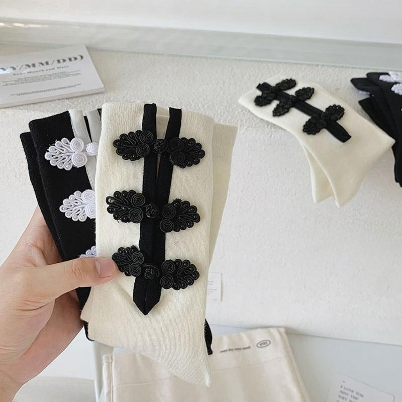 Womens Casual Crew Socks, Chinese Style Cheongsam Buckle Design Ladies Socks Solid Color Cotton Calf Socks
