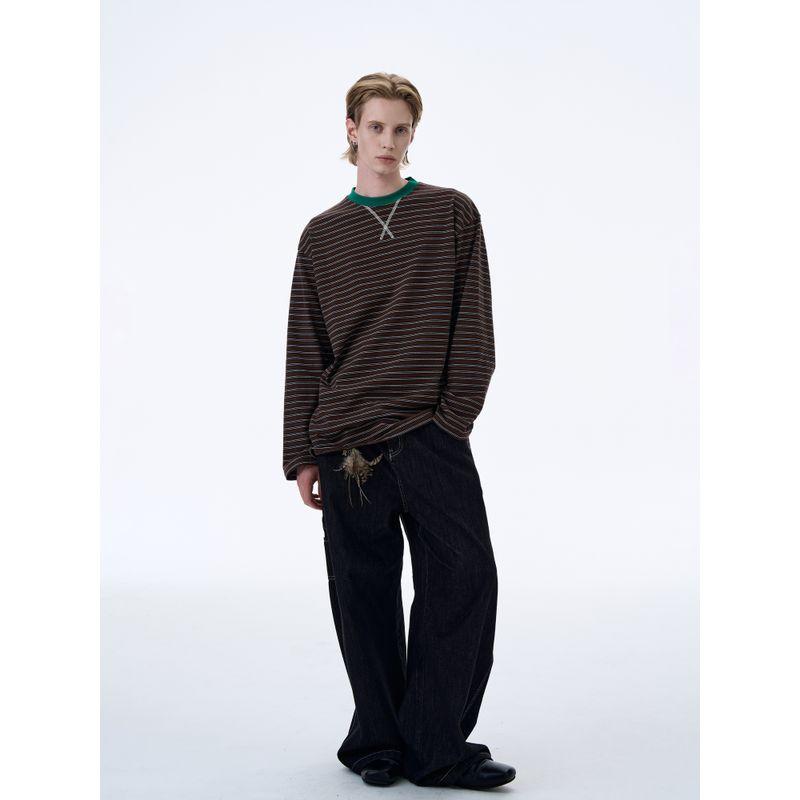 Kisko American Retro Classic Striped Color-Blocked Loose Long-Sleeve T-Shirt for Men and Women, High-End Casual Sports Style Top