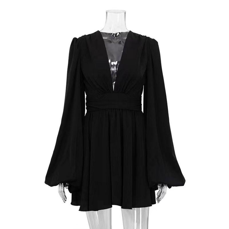 

Fashion Wind Puff Sleeves Sexy V-neck High Waist Dress Sexy V-neck Bubble Sleeve Dress Black M