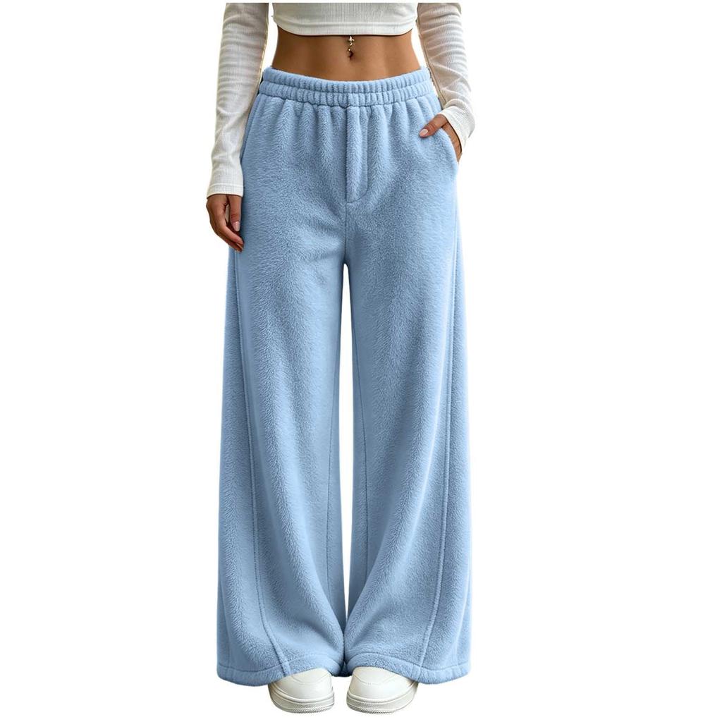 Winter Pants for Women Elastic Waist Fuzzy Wide Leg Casual Trousers