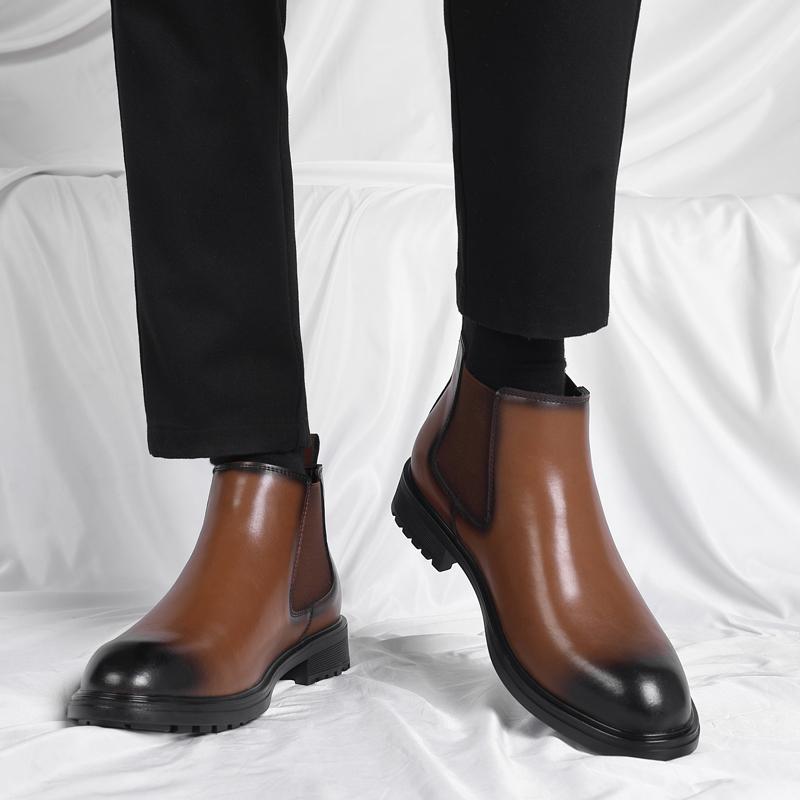 Fashion Vintage Chelsea Mens Ankle Boots Elevator Leather British Style Street Style Male Platform Chelsea Boots Slip On Motocross Boots
