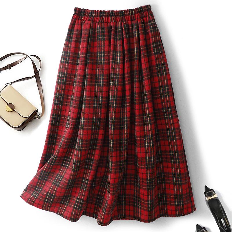 Red Plaid Pleated Wool A-line Skirt XL