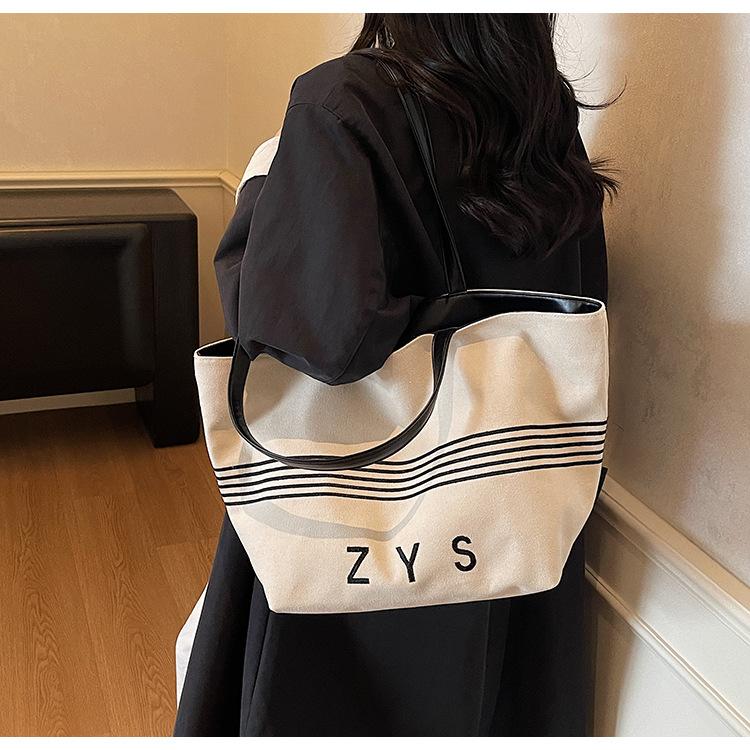 Striped Canvas Bag Women's Large-capacity New Autumn and Winter Versatile Simple Shoulder Bag College Student