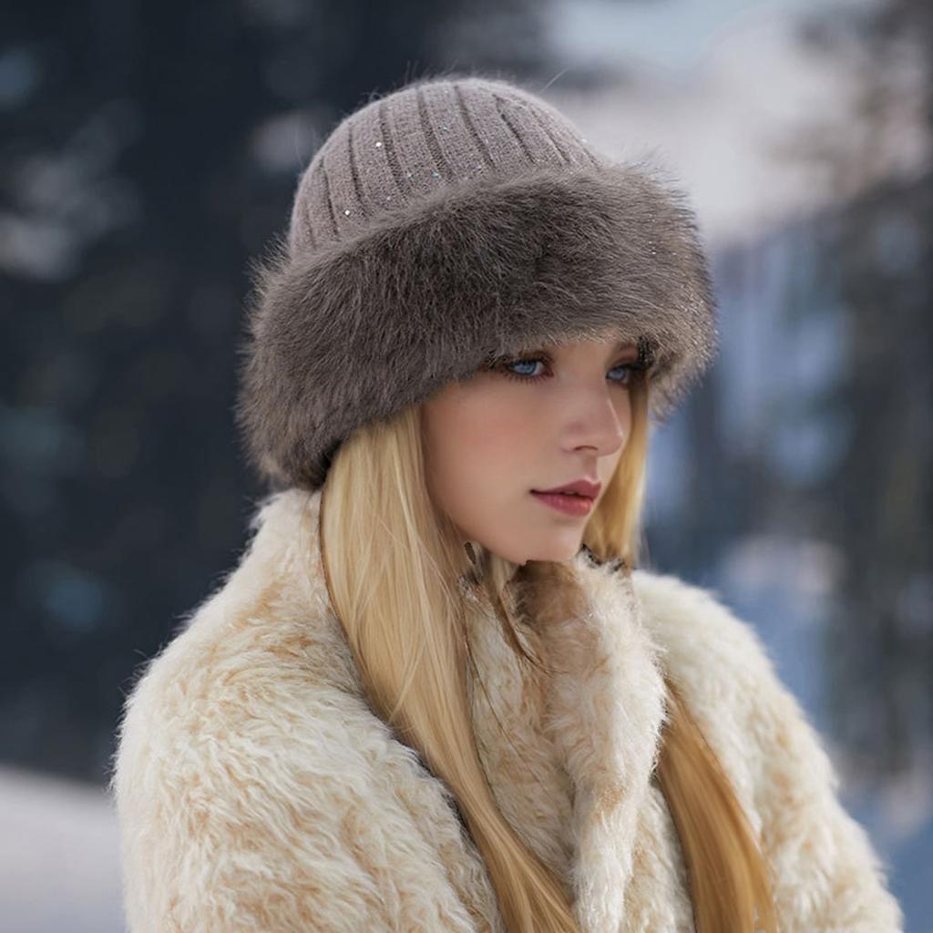 Winter Plush Faux Mink Fur Beanie Hat for Women Elastic Knit Fisherman Cap with Ear Protection - Chic Accessory for Casual Occasions