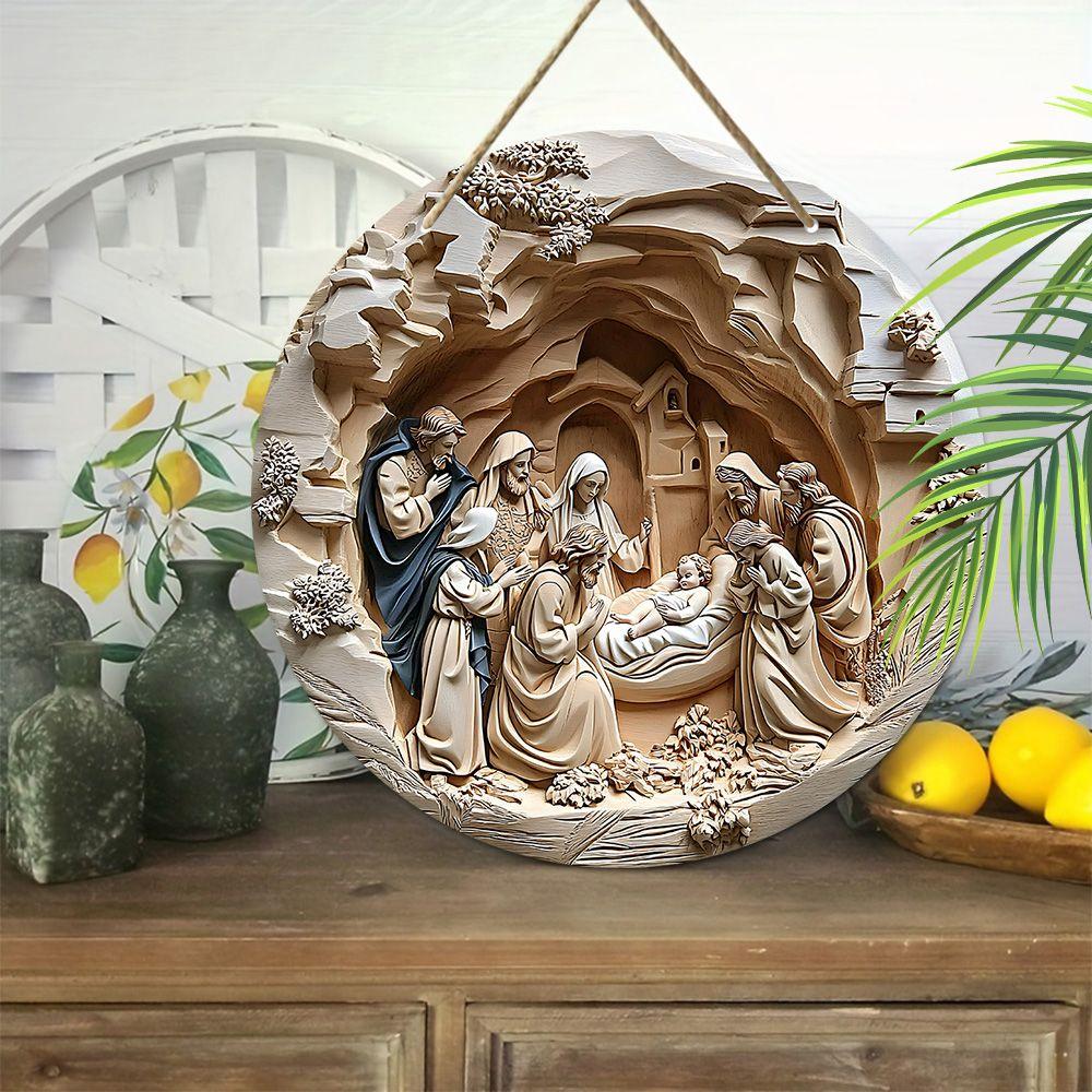 Přívěsek Svatá noc Betlémská scéna, dekorace na stěny nebo dveře domova, 2D plochý dřevěný, vánoční dekorace, dárky pro přátele a rodinu
