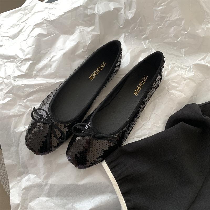 Xiaoxiangfeng Silver Sequined Single Shoes Women's 2025 New Bow Ballet Square Head Flat Bottom Ladyshoes Lazy Doudou Shoes