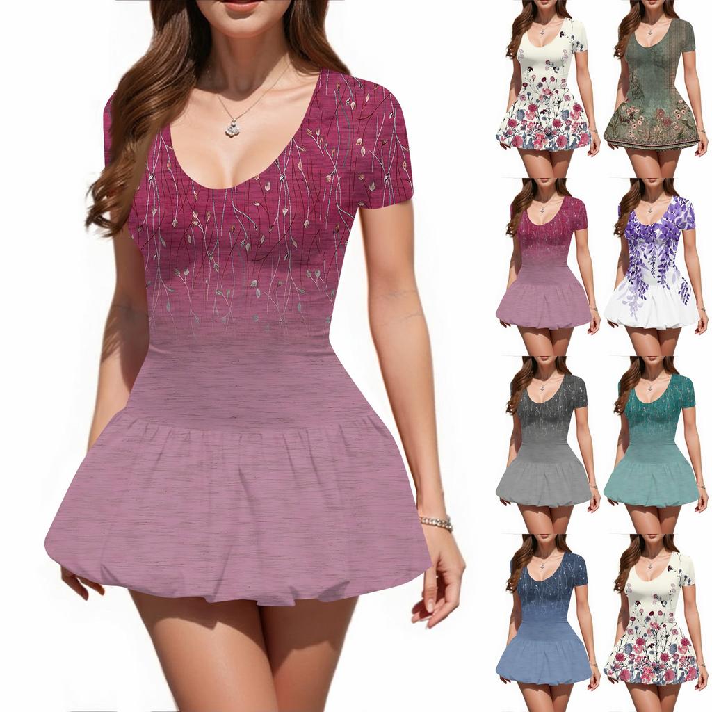 Women's Fashion Sexy Printing Short Sleeve Round Neck Bubble Hem Dress