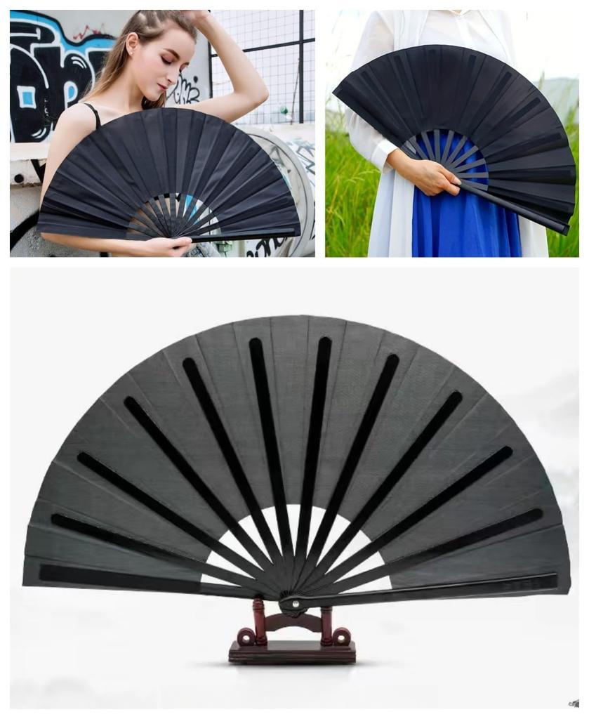 Stor Vikbar Nylon Tyg Handhållen Vikbar Perfekt Fest Kinesisk Kung Fu Tai Chi Handhållen Perfekt för Festivaler och Rave Plastben Handfläkt för