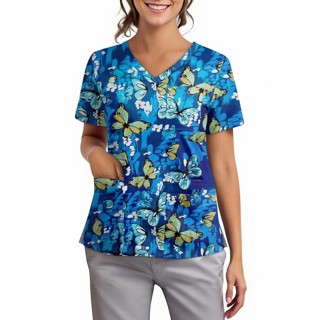 Velká velikost Potištěná srubová pracovní uniforma pro ženy s překříženým výstřihem do V Halloween potisk Zábavná trička s krátkým rukávem Pracovní oblečení Tričko s kapsami