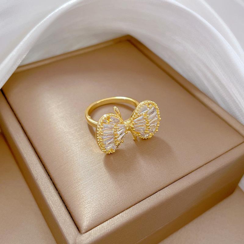 

Real Gold Bow Zircon Ring Opening Adjustable Simple Jewelry Japanese Ring Couple Ring adjustable opening