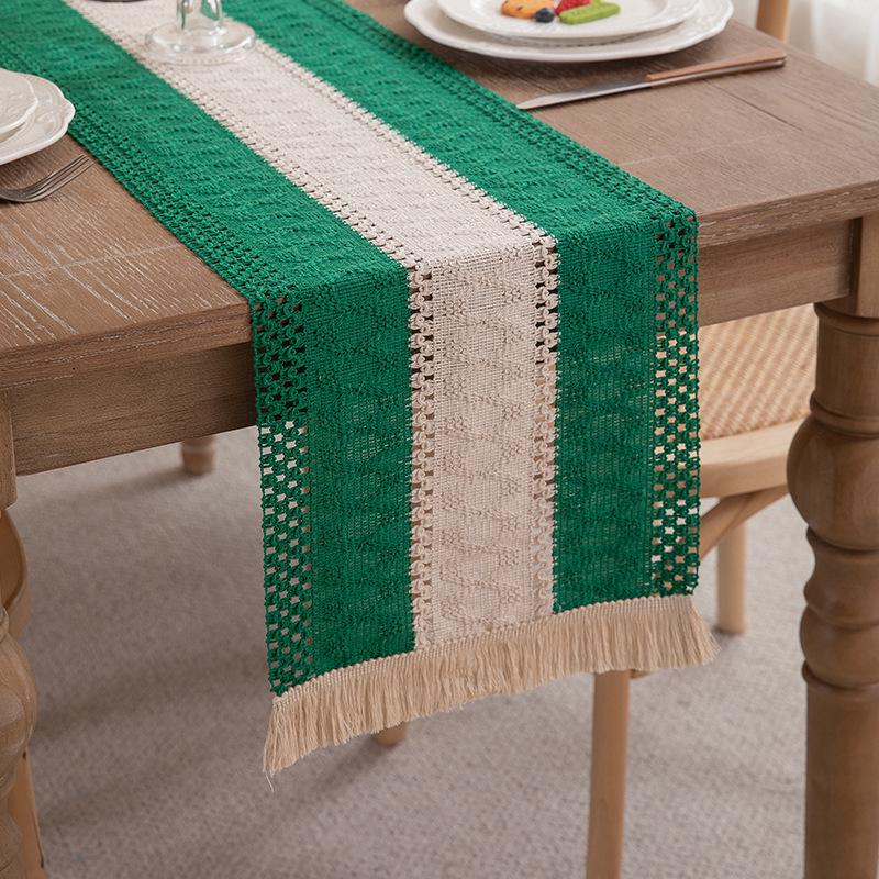 American Cotton Linen Table Runner, Natural Color with Tassels, Stripes, Diamonds, and Plaid Pattern for Dining Table or Sideboard Decoration.