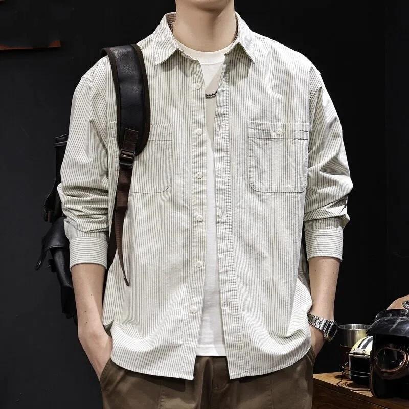 Men's White Striped Long Sleeve Shirt, Casual Button Down Top with Chest Pocket, Loose Fit for Daily Wear