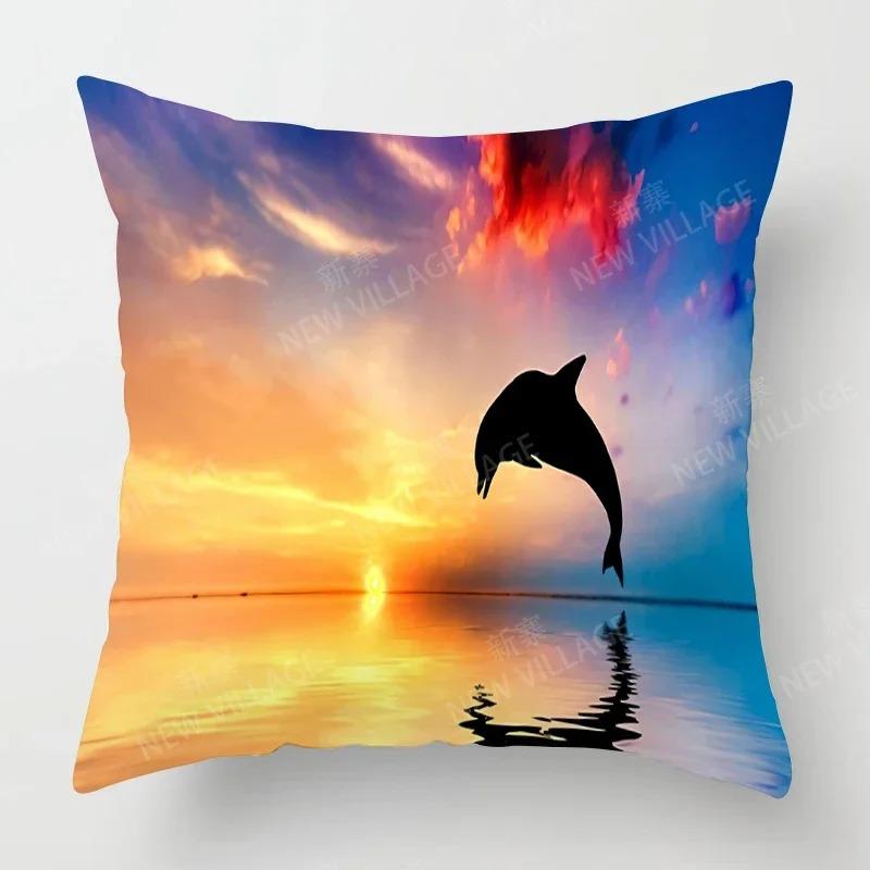 Sunset & Palm Tree Beach Pattern Double-Sided Printed Pillow Cover Short Plush Suitable Living Rooms Sofas Throw Cushion Cover