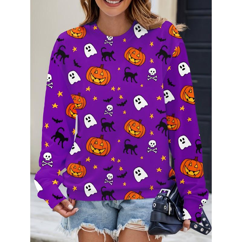 Womens Casual Hoodie With 3D Halloween Print Round Neck Lightweight Breathable Fabric