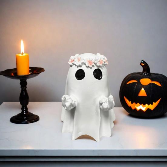 Halloween Middle Finger Ghost Statue Wreath Ghost Resin Figurine Sculpture Holiday Party Home Office Desktop Decoration Ornament