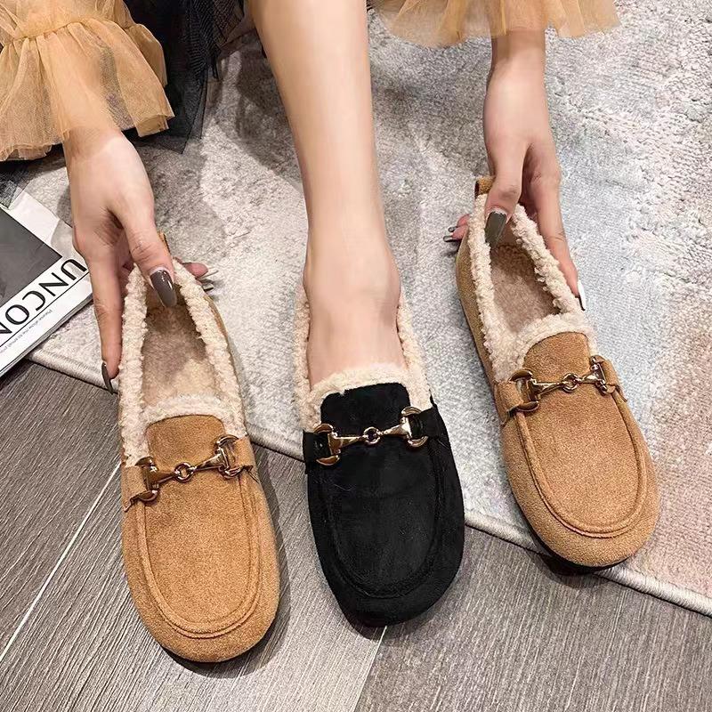 Mao Mao Shoes Women's Winter Retro Flat-soled Soft-soled One-pedal Plush Warm Cotton Shoes Wear Loafer Beanie Shoes