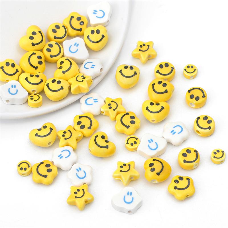 5pcs/Bag Smile Beads Ceramic Porcelain Clouds Hearts Stars Round Beads Charm For DIY Bracelet Jewelry Making Accessories