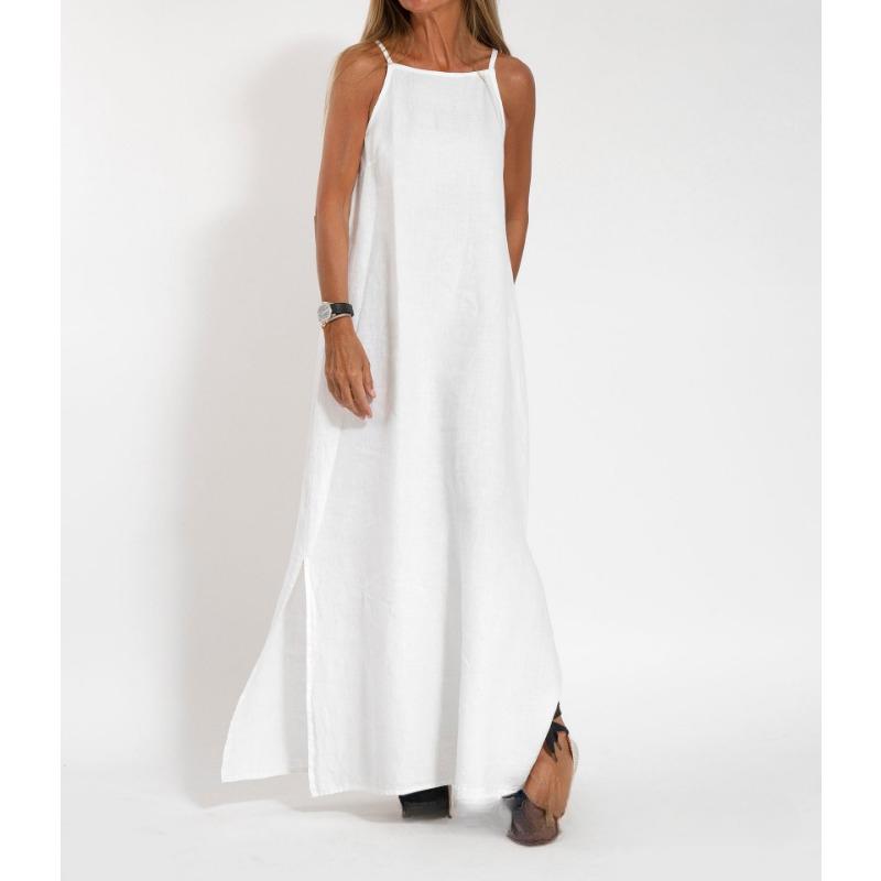 Fashionable and Casual Cotton and Linen Split Suspender Dress