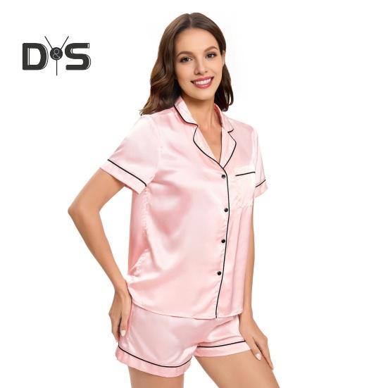 2 Stück/Set Damen Hemd Shorts Anzug V-Ausschnitt Revers Kurzärmlig Satin Einfarbig Oberteil Elastischer Bund Kurze Hose Homewear Loungewear Outfit Sommer