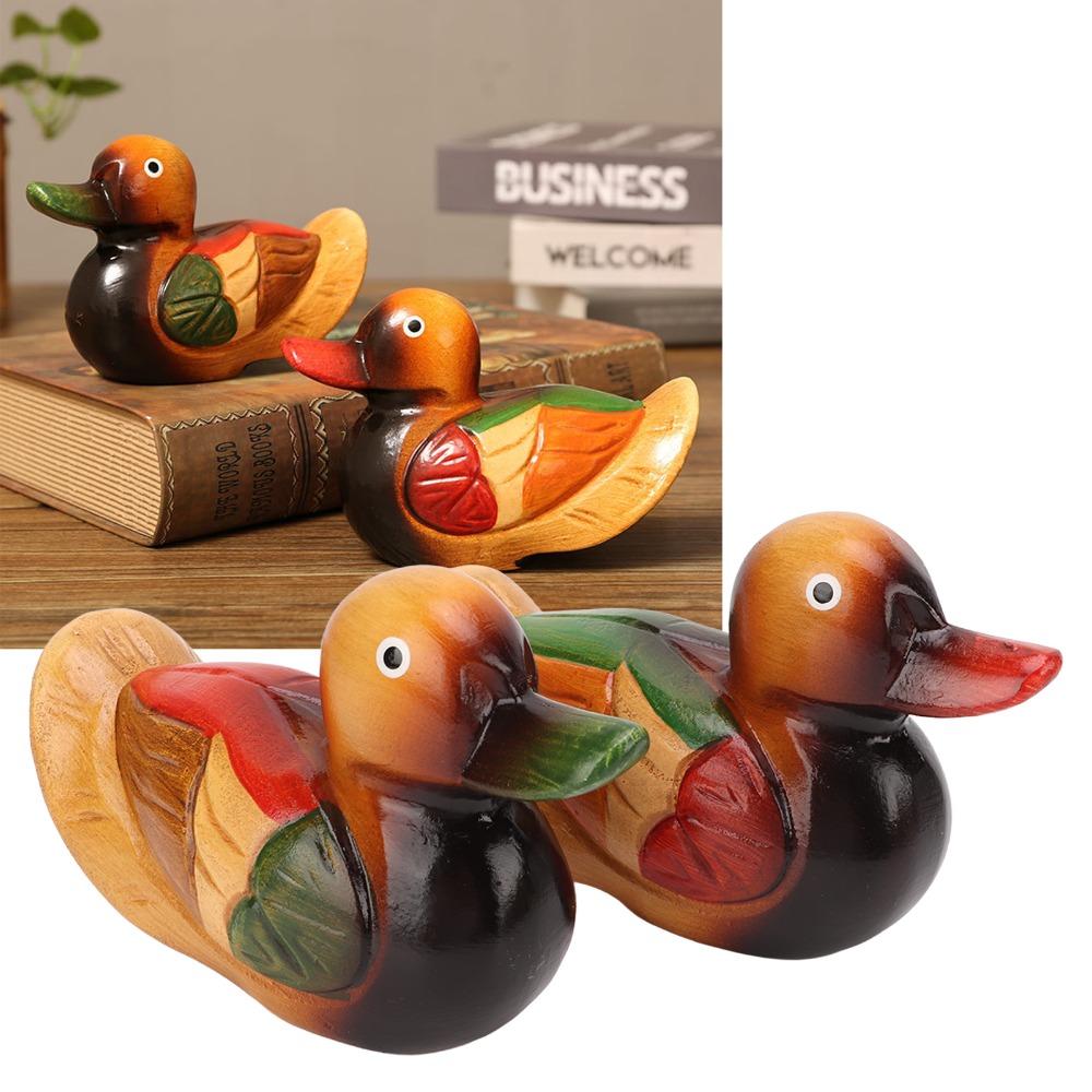 2pcs Color Lasting Wooden Duck Statues Hand Carved Hand Painted Duck Figurine Home Decor