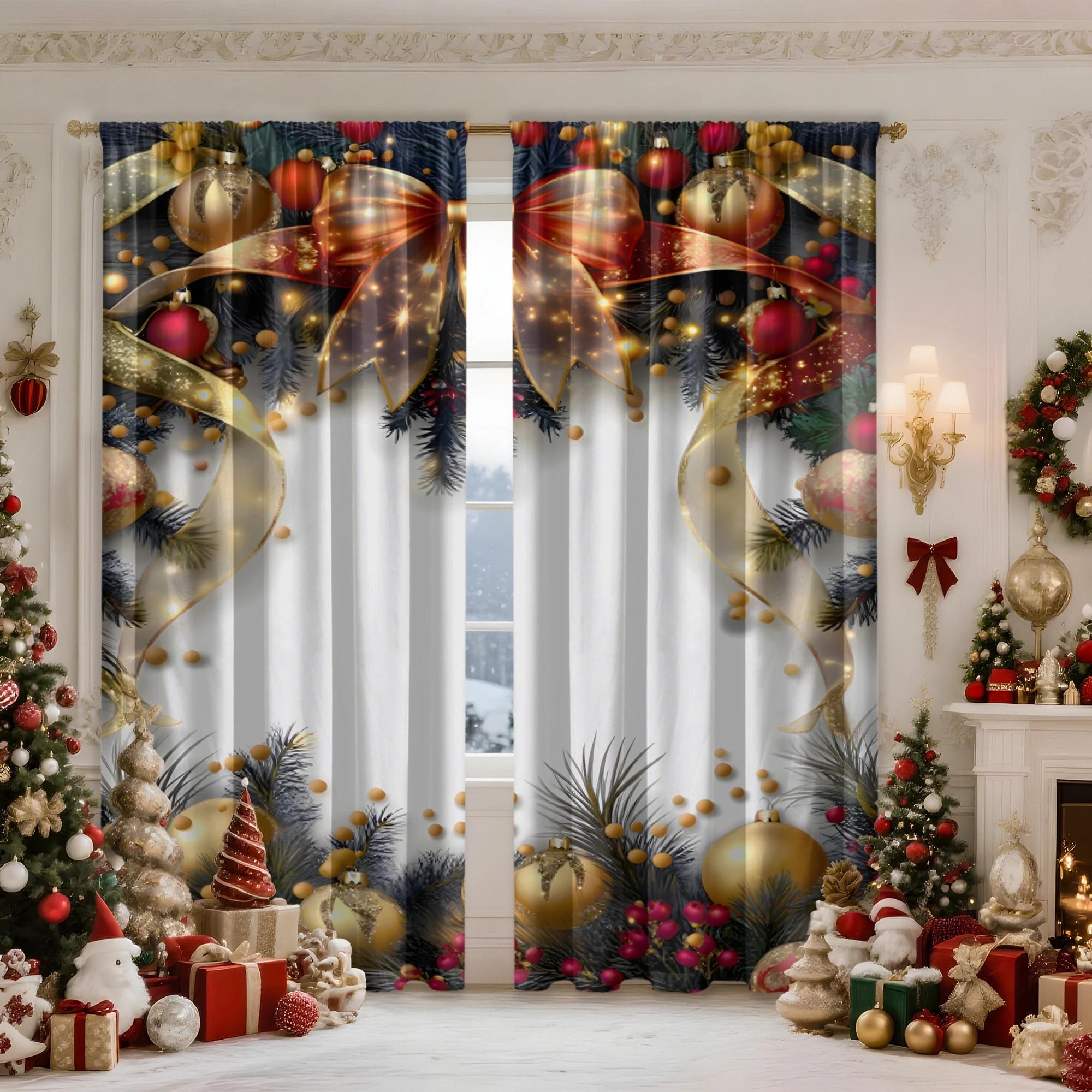

Set Of 2 Jit Festive Ribbon Ornaments Curtain Design Window Treatment Christmas Decor Curtains Light Filtering Made Polyester With Rod Pocket W100*H70(CM)-Grommet top&2PCS