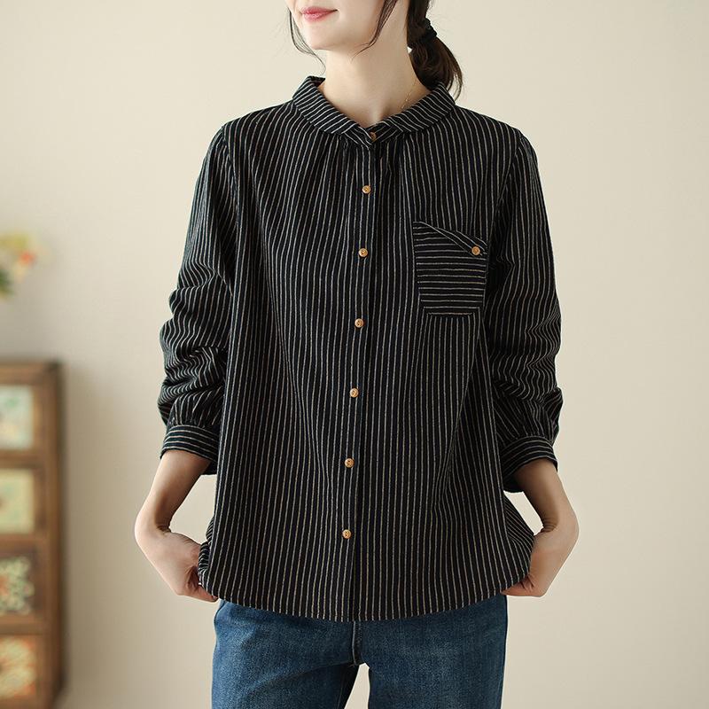 

Весенняя льняная рубашка с длинными рукавами в стиле ретро из хлопка и льна в полоску для женщин 2XL